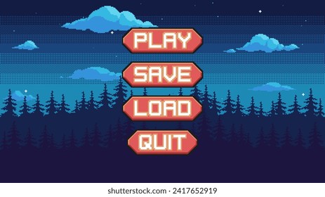 Menú de juego de arte con botones y bosque en el fondo nocturno. UI de estilo retro con bosque por la noche para juego o aplicación.