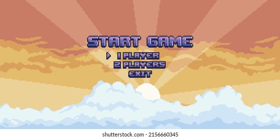 Pixel Art Game Menu On Sunset Background Vector For 8bit Game 