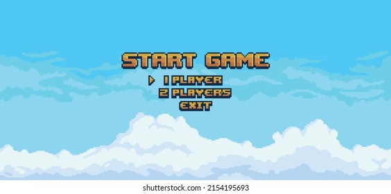 Pixel Art Game Menu With Sky And Clouds Background Vector For 8bit Game 
