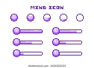 Juego de Pixel Art Iconos de bola de progreso y poder arcano de la barra de la mente. 8 Bit Retro Computer Video Game UI HUD Purple Elementos para Indicador de Estado y Animación. 