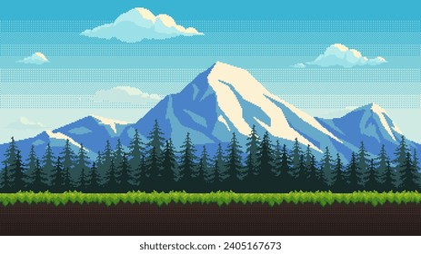 Pixel art game mountain location. Summer seamless background with snow capped peaks, fir tree forest and grass. 16-bit retro video arcade style vector.