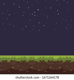 Pixel art game night background. Ground, grass, sky, stars and clouds. Pixel art. Game Design. 8 bit. 