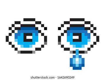 Pixel art. Game over. Eyes with teardrop symbol, logo. Lined, ruled eye black silhouette. Dotted pop art illustration. Crying eyes icon . Creative Vision Logotype concept. Pixel art logo vector