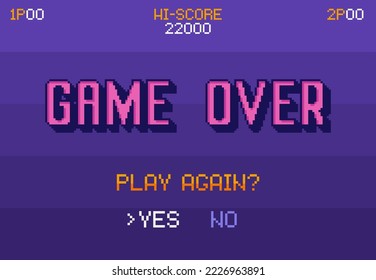 Pixel art Game Over screen. Play again question with yes no options, 8 bit gaming death pop up vector Illustration. End of playing, fail message with score. Pixelated font for message