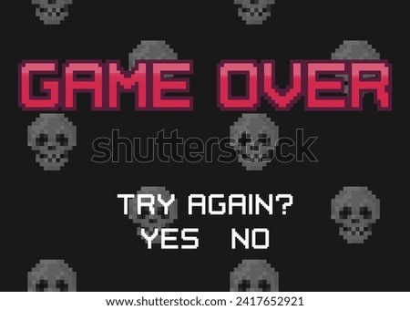 Pixel art Game Over screen with human skulls on background. 8-bit retro video arcade style Game Over backdrop screen with Try Again choice buttons. Vector illustration.