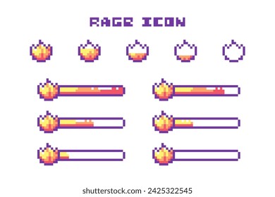 Pixel Art Game Rage Bar Progress and Berserk Fire Icons Set. 8 Bit Retro Computer Video Game UI HUD Flame Orange Elements For Status Indicator and Animation.  svg