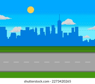 Pixel art game road with city on background.