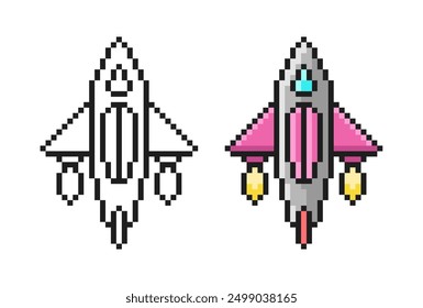 Pixel Art Game Rocket. Cute vector spaceship in retro style