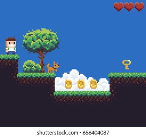 Pixel Art Game Scene With Boy And Dog Pointing To The Key, Tree, Bush, Clouds, Coins And Hearts