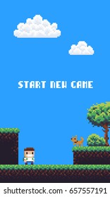 Pixel art game scene with boy and dog, tree, bush, clouds and grass