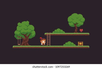 Pixel art game scene with character, trees, ladder, chest, heart and grass platforms