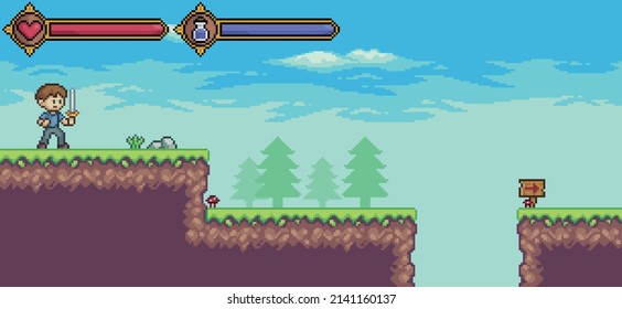 Pixel art game scene with character, life bar and mana vector background for 8bit game