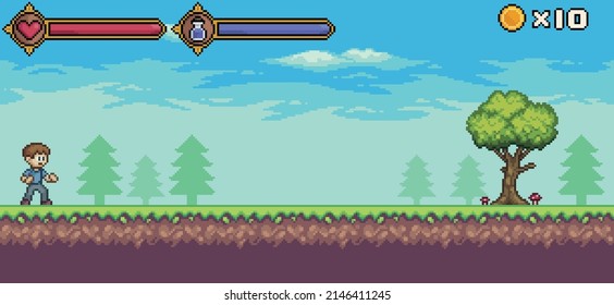 Pixel art game scene with character, life bar and mana, tree, cloud vector background for 8bit game