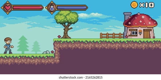 Escena de juego de arte de píxeles con carácter, barra de vida y maná, árbol, nube, fondo de vector de casa para juego de 8 bits