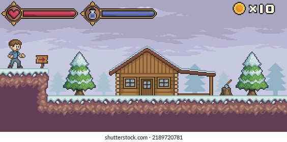 Pixel art game scene with character, life bar and mana vector background for 8bit game