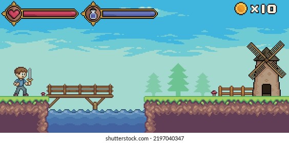 Pixel art game scene with character, life bar and mana, tree, cloud vector background for 8bit game