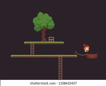 Pixel Art Game Scene With Grass Platforms, Tree, Open Chest, Ladders And Character Jumping Into The Wooden Boat