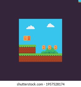 Pixel art game scene with grass, golden coins, mystery box, bush and clouds