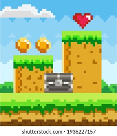 Pixel art game scene with green grass platform, metal chest on background of coins and heart