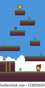 Pixel art game scene with ground, grass, ladder, sky, clouds, male character, , different potion and collectable icons and golden cup on top