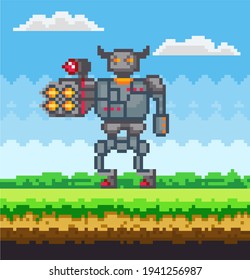 Pixel art game scene with ground, grass and sky with clouds. Mechanical man in iron armor