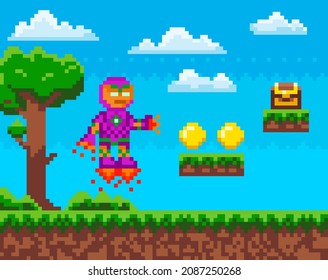 Pixel art game scene with ground, grass and sky with clouds. Flying man, robot in red metal suit collects chests and coins. Pixelated character in jet boots with fire. Pixel game design element