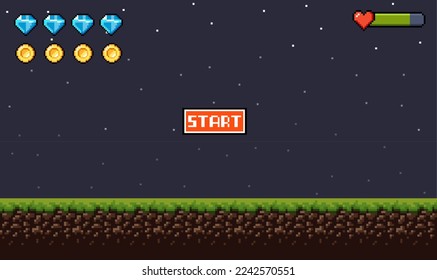 Pixel art game scene with ground, grass, trees, sky, clouds, character, coins, treasure chests and 8-bit. A landscape for a game or program. Vector eps 10