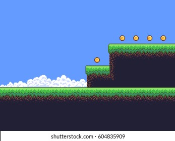 Pixel Art Game Scene With Ground, Grass, Sky, Clouds And Coins