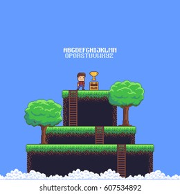 Pixel art game scene with ground, grass, ladders, trees, sky, clouds, male character, open chest, golden cup and 8-bit alphabet