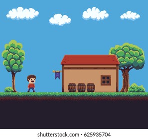 Pixel art game scene with ground, grass, trees, bushes, sky, clouds, character, wooden barrels and house