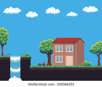 Pixel art game scene with ground, grass, tree sky, clouds, waterfall, and house