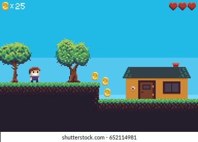 Pixel art game scene with ground, grass, trees, coins, hearts, sky, character and house