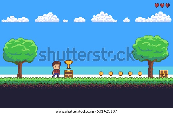 Pixel art game\
scene with ground, grass, trees, sky, clouds, character, coins,\
treasure chests and 8-bit\
heart