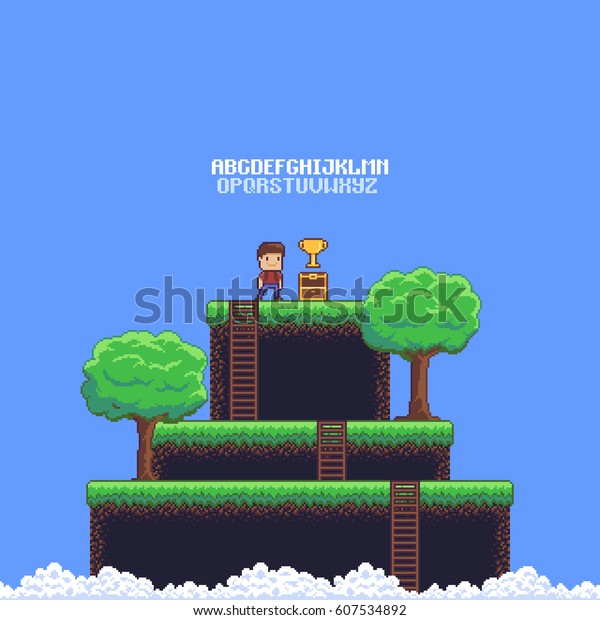 Pixel art game scene with ground, grass,\
ladders, trees, sky, clouds, male character, open chest, golden cup\
and 8-bit alphabet