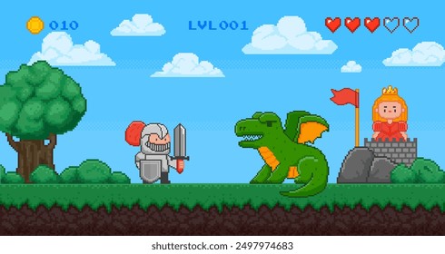 Pixel art game scene. Retro 8 bit video game characters. Saving princess. Duel with knight and dragon. Computer game with grass, cloud and trees. Hearts health bar. Vector concept.