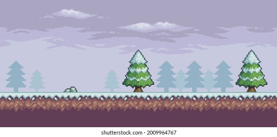 Pixel Art Game Scene In Snow With Pine Trees, Clouds And Stone 8 Bit Background
