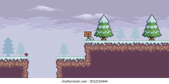 Pixel art game scene in snow with pine trees, clouds, indicative board 8bit background