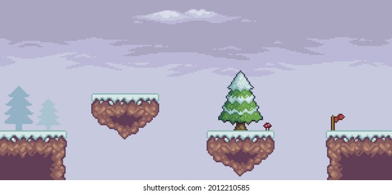 Pixel art game scene in snow with floating platform, pine trees, clouds and 8bit background
