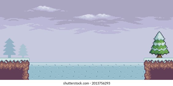 Pixel art game scene in snow with pine trees, Frozen lake, clouds 8bit background
