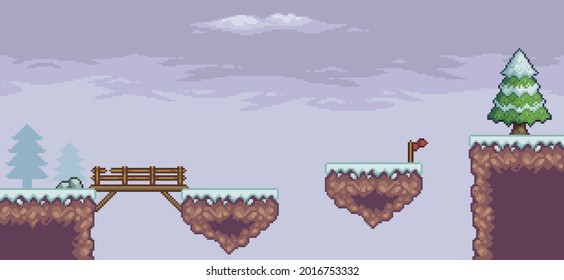 Pixel art game scene in snow pine trees, wood bridge, flag 8bit background