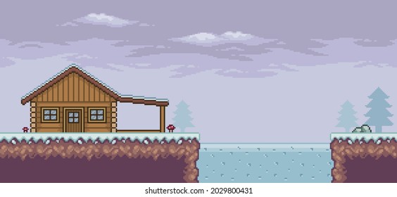 Pixel art game scene in snow with wood house, pine trees, frozen lake, clouds and 8bit background