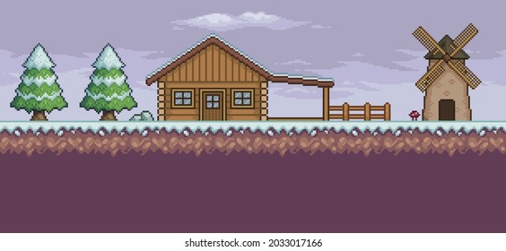 Pixel art game scene in snow with wood house, mill, pine trees and clouds 8bit background