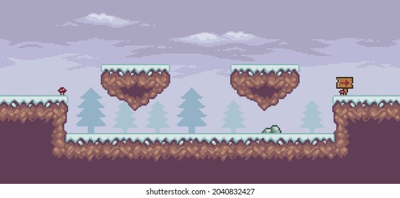 Pixel art game scene in snow with floating platform, board, pine trees, clouds and flag 8bit background
