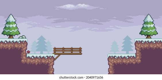 Pixel art game scene in snow with pine trees, bridge and clouds 8bit background
