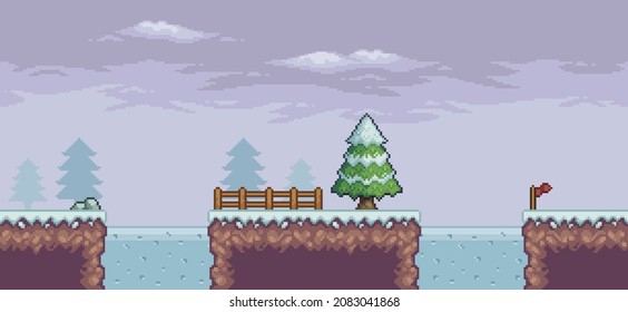 Pixel art game scene in snow with pine trees, bridge, fence, frozen lake
and clouds 8 bit vector background