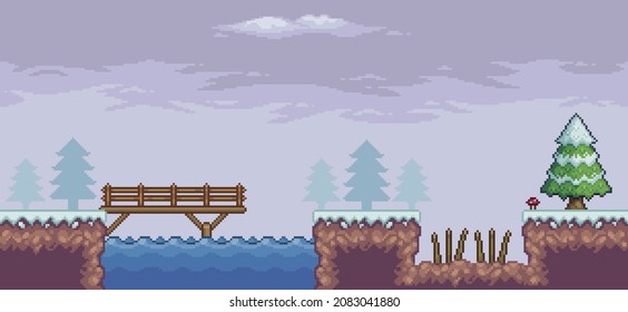 Pixel art game scene in snow with pine trees, bridge, trap, lake
and clouds 8 bit vector background