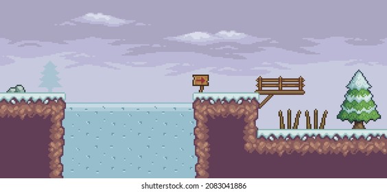 Pixel art game scene in snow with pine trees, bridge, trap, frozen lake
and clouds 8 bit vector background
