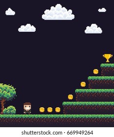 Pixel art game scene with tree and grass, clouds, businessman character and steps to golden goblet