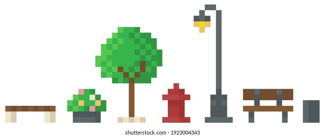 Pixel Art Game Scene With Trees, Bushes, Benches, Trash Can And Street Lamp On White. Pixelated Background Template For Computer Pixel-game With Nature Landscape In City Park Vector Illustration