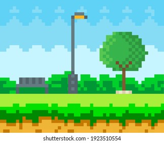 Escena de juegos de arte de Pixel con árboles, arbustos, bancos y lámpara de calle, cielo azul día de verano. Plantilla de fondo en píxeles para juego de píxeles de computadora con paisaje natural en ilustración vectorial de parque de ciudad